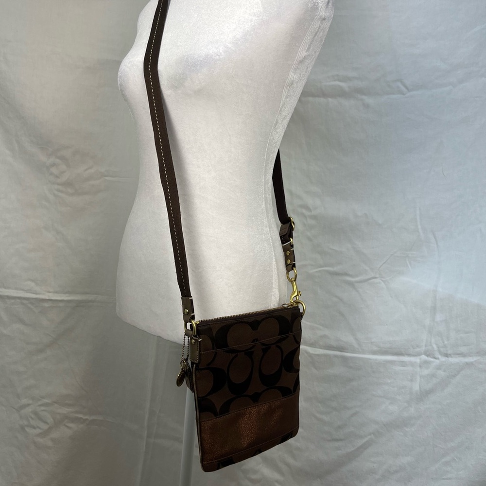 Coach chocolate brown and bronze crossbody with adjustable strap. - Picture 2 of 10